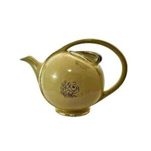 HALL Yellow Airflow Floral Pottery Teapot gold trim 6-cup Vtg collectible USA